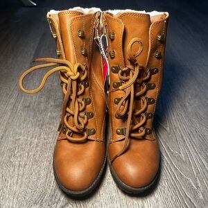 Brown heeled Sherpa boots